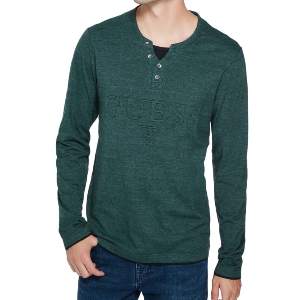GUESS Reese Logo Marled Henley Long Sleeve Shirt L